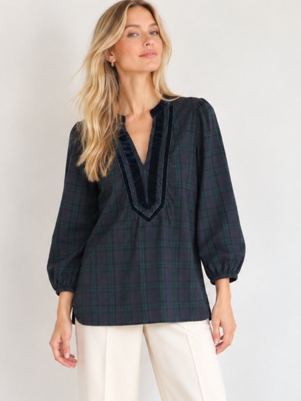 J. Crew Black Forest Green Tartan Plaid Velvet Trim V-Neck Tunic Top Holiday S